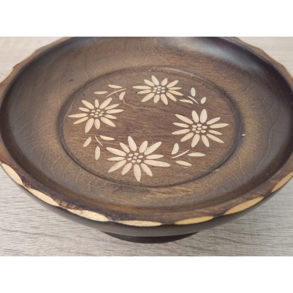 Vintage Swiss Musical REUGE Wood Carved Floral Dish Pedestal Stand Plate Round - Picture 4 of 10
